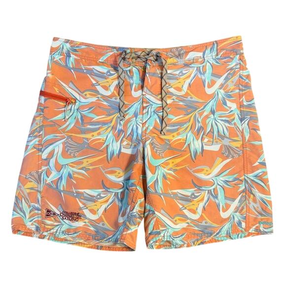 Patagonia Men’s Printed Wavefarer Board Shorts Piton Paradise Cusco Orange Sz 34 - Picture 1 of 11